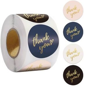 500 Thank You Stickers Roll METALLIC Gold Lettering w Heart Upscale NEW Sealed